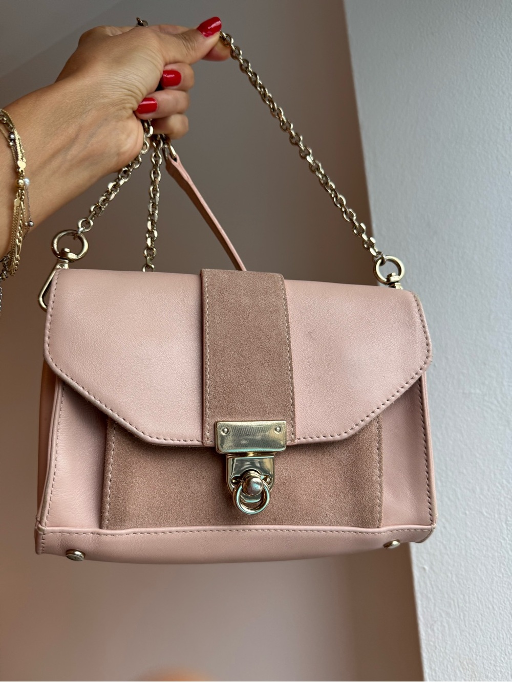Sezane Blush Pink leather Suede-Panel Chain Crossbody